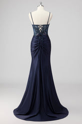 Glitzerndes Marineblaues Meerjungfrauen Pailletten Korsett Rüschen Langes Ballkleid mit Schlitz